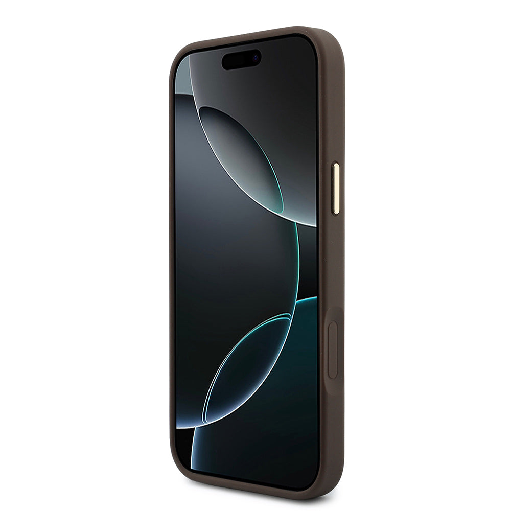 Apple iPhone 17 Pro Max Kılıf Guess Kalın Askılı 4G Metal Logolu Kartlıklı Kapak Kahverengi