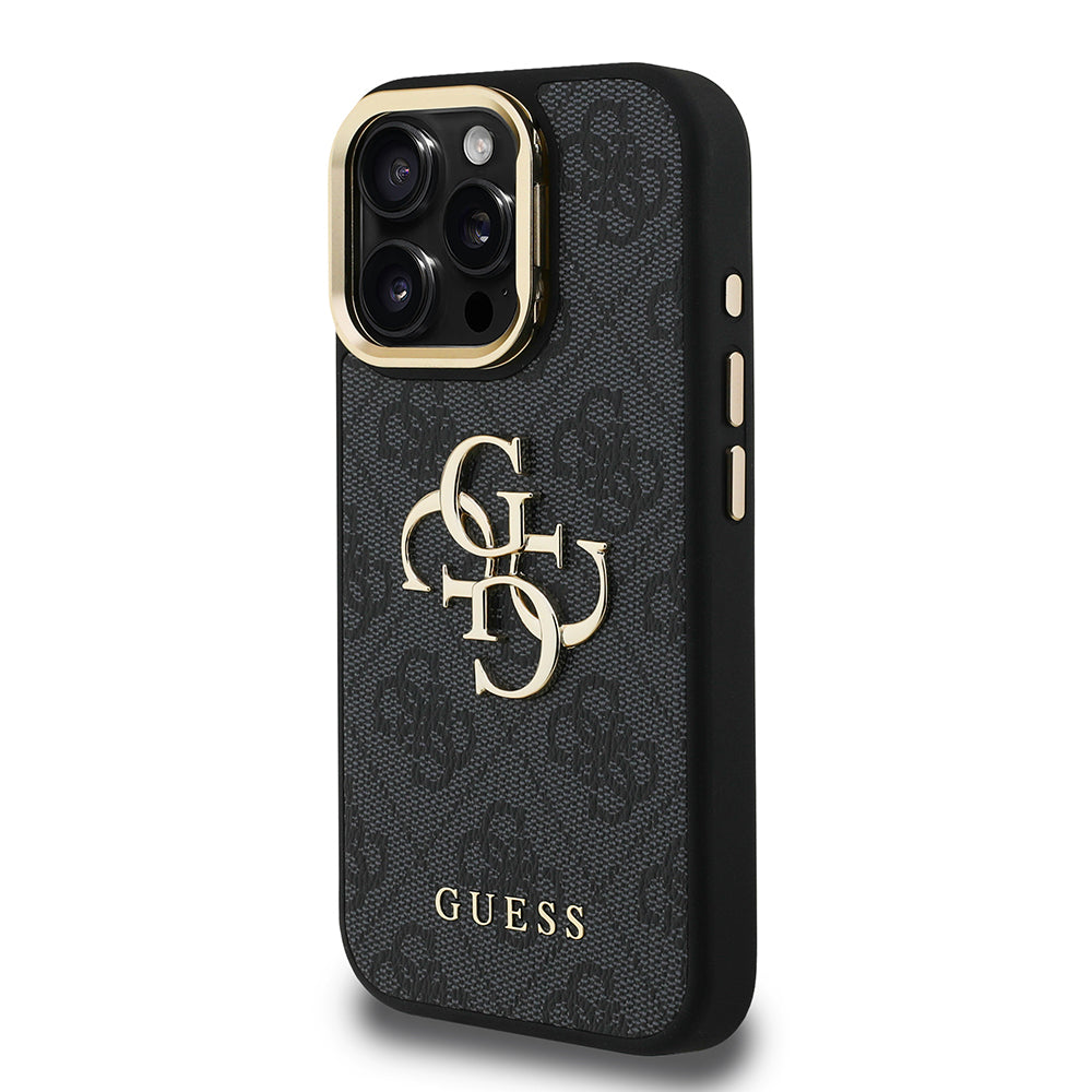 Apple iPhone 15 Pro Kılıf Guess Kamera Standlı Kapak 4G Desenli Metal 4G Logolu Siyah