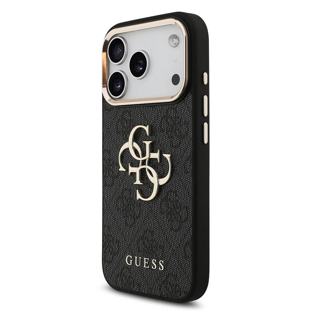 Apple iPhone 17 Pro Kılıf Guess Gold Metal Kamera Çerçeveli Büyük 4G ve Yazı Logolu Kapak Siyah