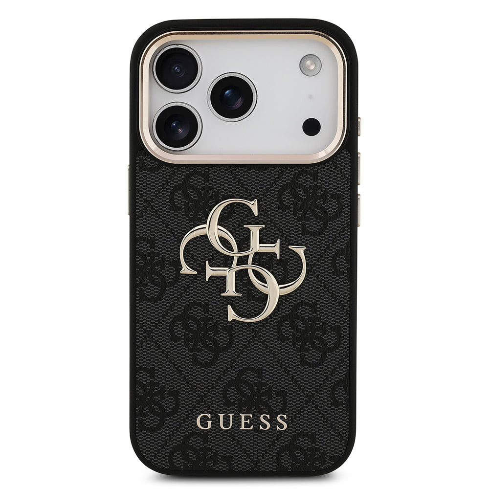 Apple iPhone 17 Pro Kılıf Guess Gold Metal Kamera Çerçeveli Büyük 4G ve Yazı Logolu Kapak Siyah