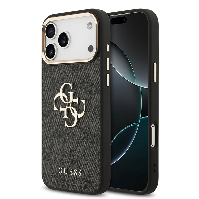 Apple iPhone 17 Pro Max Kılıf Guess Gold Metal Kamera Çerçeveli Büyük 4G ve Yazı Logolu Kapak Siyah