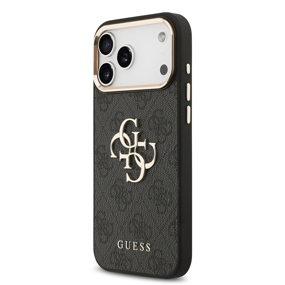 Apple iPhone 17 Pro Max Kılıf Guess Gold Metal Kamera Çerçeveli Büyük 4G ve Yazı Logolu Kapak Siyah