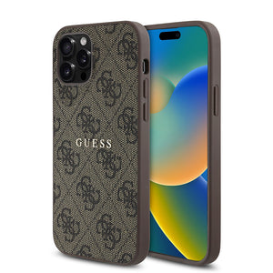 Apple iPhone 12 Pro Kılıf Guess Magsafe Uyumlu 4G Desen Yazı Logolu Kapak Kahverengi