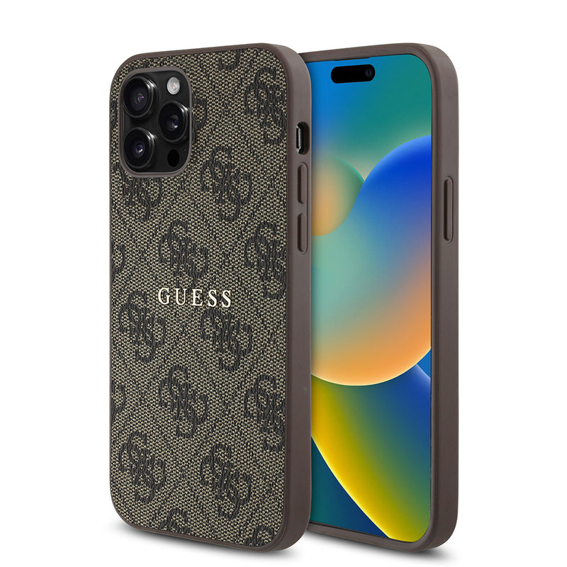 Apple iPhone 12 Pro Kılıf Guess Magsafe Uyumlu 4G Desen Yazı Logolu Kapak Kahverengi