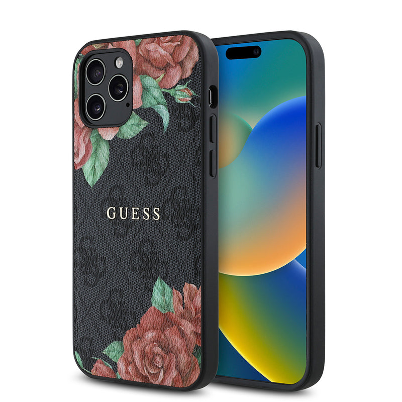 Apple iPhone 12 Pro Kılıf Guess Magsafe Uyumlu Gül Baskılı ve 4G Desenli Kapak Siyah