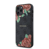 Apple iPhone 12 Pro Kılıf Guess Magsafe Uyumlu Gül Baskılı ve 4G Desenli Kapak Siyah