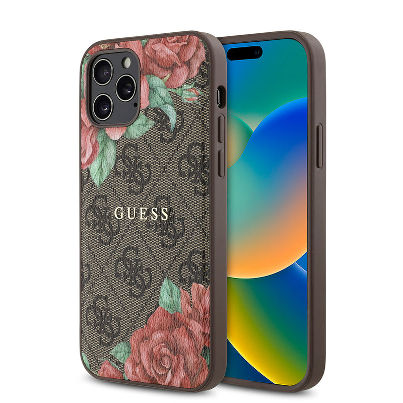 Apple iPhone 12 Pro Kılıf Guess Magsafe Uyumlu Gül Baskılı ve 4G Desenli Kapak Kahverengi