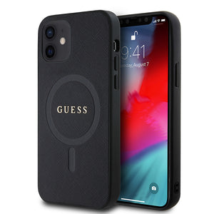 Apple iPhone 12 Kılıf Guess Magsafe Şarj Özellikli Saffiano Classic Kapak Siyah