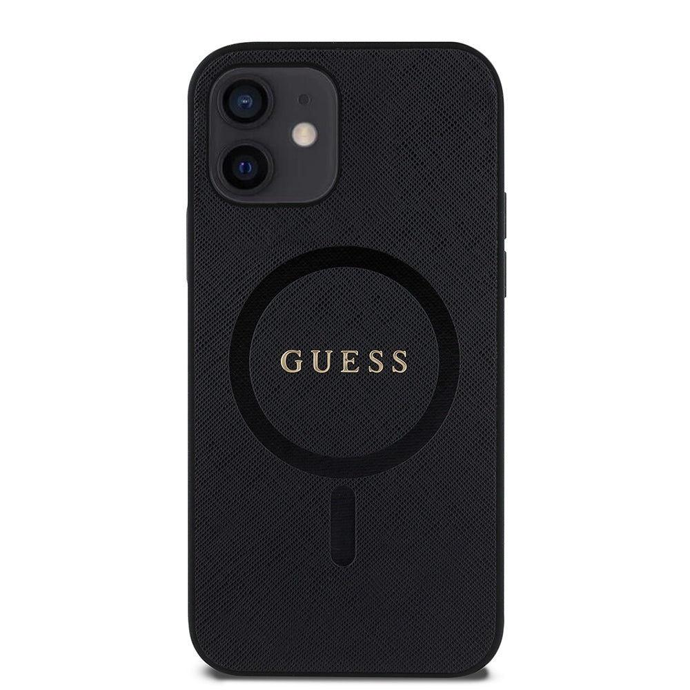 Apple iPhone 12 Kılıf Guess Magsafe Şarj Özellikli Saffiano Classic Kapak Siyah