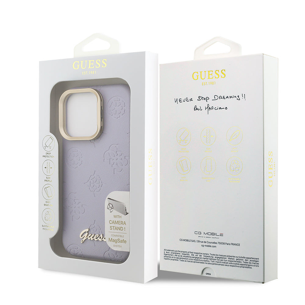 Apple iPhone 16 Pro Max Kılıf Guess M-safe Şarj Özellikli Kamera Standlı Peony Kapak PU Deri Mor