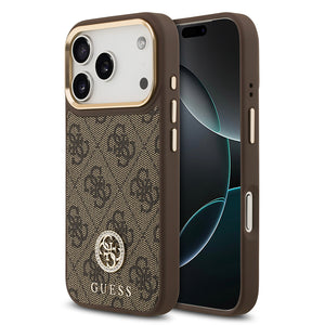 Apple iPhone 17 Pro Kılıf Guess M-safe Şarj Özellikli Gold Metal Kamera Çerçeveli Taşlı 4G Logolu Kapak Kahverengi
