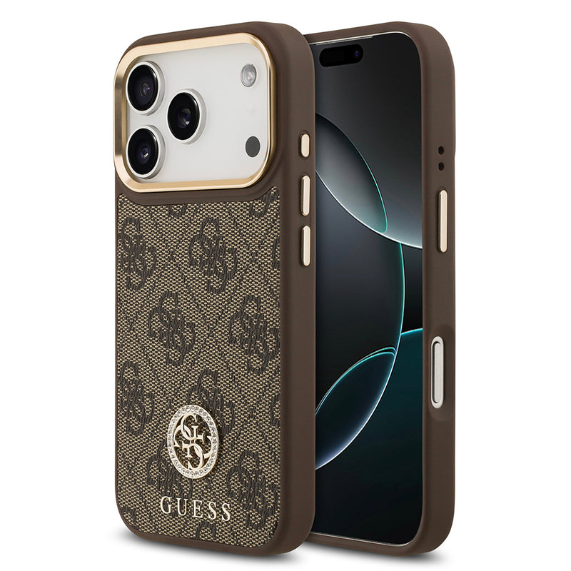 Apple iPhone 17 Pro Kılıf Guess M-safe Şarj Özellikli Gold Metal Kamera Çerçeveli Taşlı 4G Logolu Kapak Kahverengi