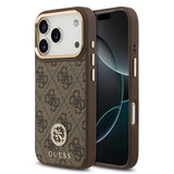 Apple iPhone 17 Pro Kılıf Guess M-safe Şarj Özellikli Gold Metal Kamera Çerçeveli Taşlı 4G Logolu Kapak Kahverengi