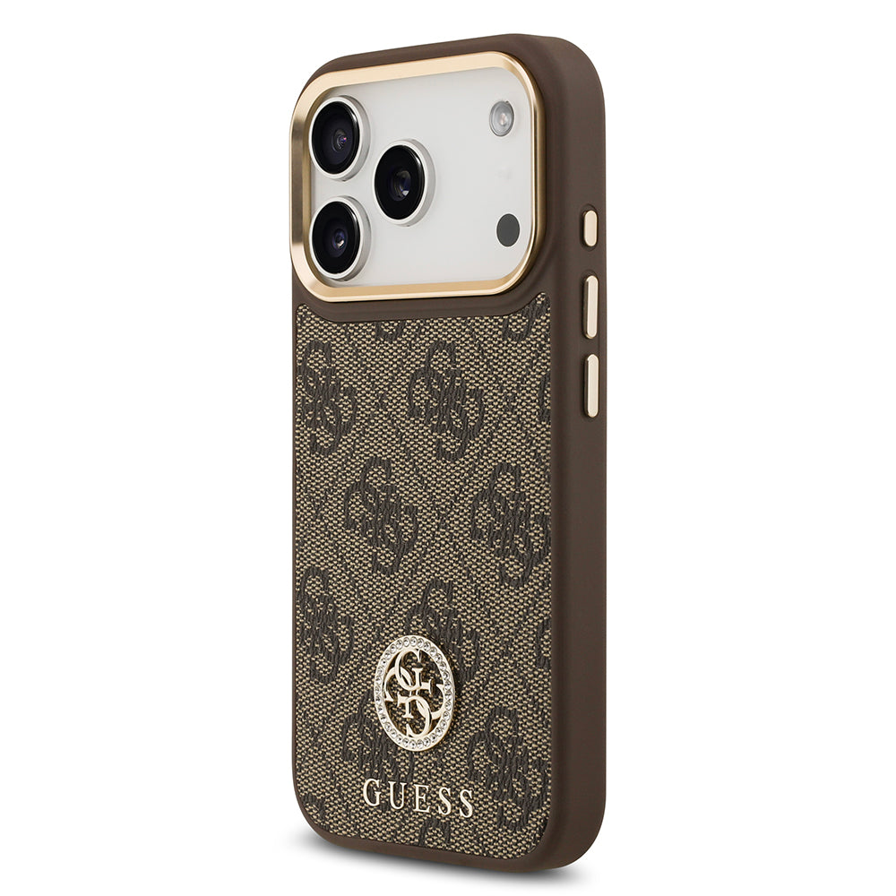Apple iPhone 17 Pro Kılıf Guess M-safe Şarj Özellikli Gold Metal Kamera Çerçeveli Taşlı 4G Logolu Kapak Kahverengi