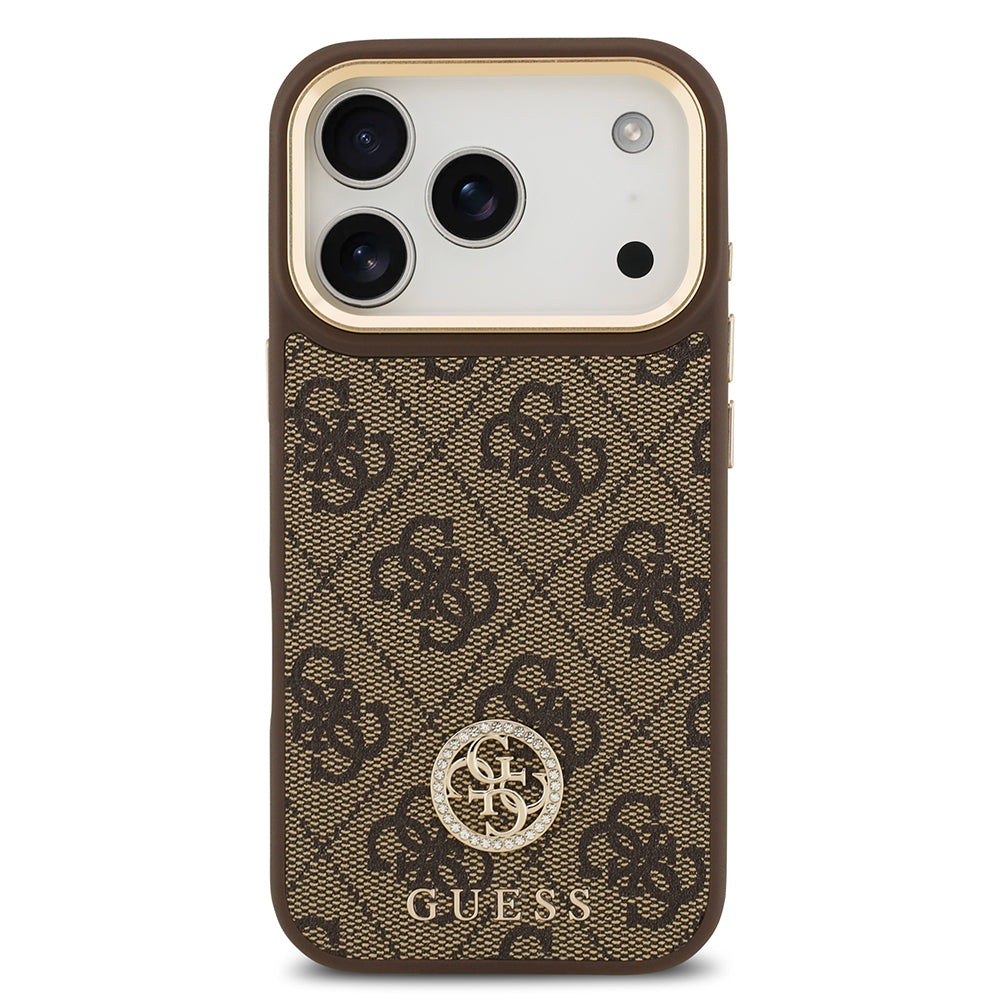 Apple iPhone 17 Pro Kılıf Guess M-safe Şarj Özellikli Gold Metal Kamera Çerçeveli Taşlı 4G Logolu Kapak Kahverengi