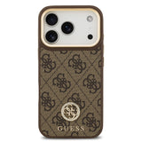 Apple iPhone 17 Pro Kılıf Guess M-safe Şarj Özellikli Gold Metal Kamera Çerçeveli Taşlı 4G Logolu Kapak Kahverengi
