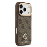 Apple iPhone 17 Pro Kılıf Guess M-safe Şarj Özellikli Gold Metal Kamera Çerçeveli Taşlı 4G Logolu Kapak Kahverengi