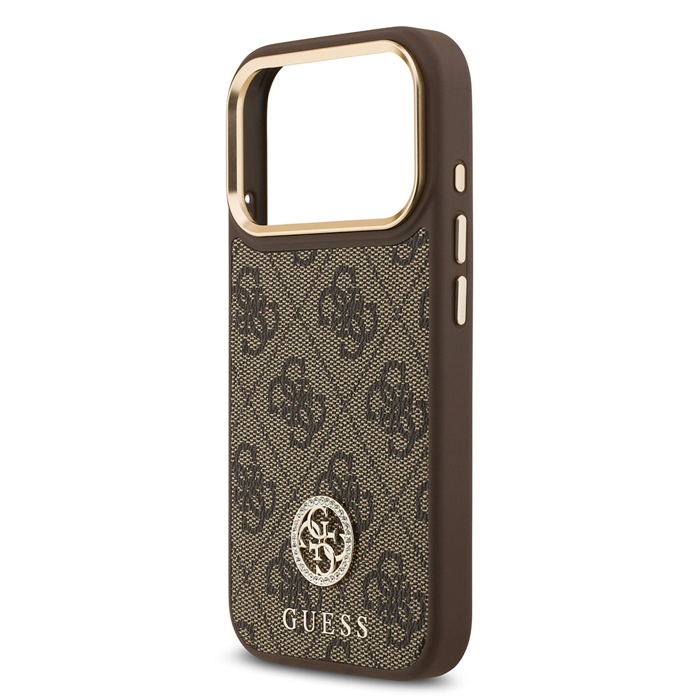 Apple iPhone 17 Pro Kılıf Guess M-safe Şarj Özellikli Gold Metal Kamera Çerçeveli Taşlı 4G Logolu Kapak Kahverengi