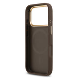 Apple iPhone 17 Pro Kılıf Guess M-safe Şarj Özellikli Gold Metal Kamera Çerçeveli Taşlı 4G Logolu Kapak Kahverengi