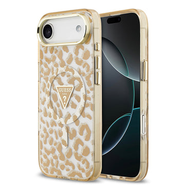 Apple iPhone 17 Air Kılıf Guess M-safe Şarj Özellikli Üçgen Logolu Simli Leopar Desenli Kapak Kahverengi