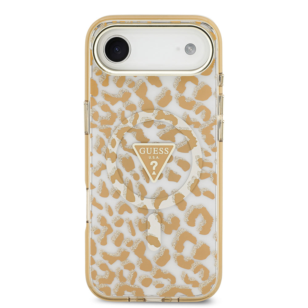 Apple iPhone 17 Air Kılıf Guess M-safe Şarj Özellikli Üçgen Logolu Simli Leopar Desenli Kapak Kahverengi