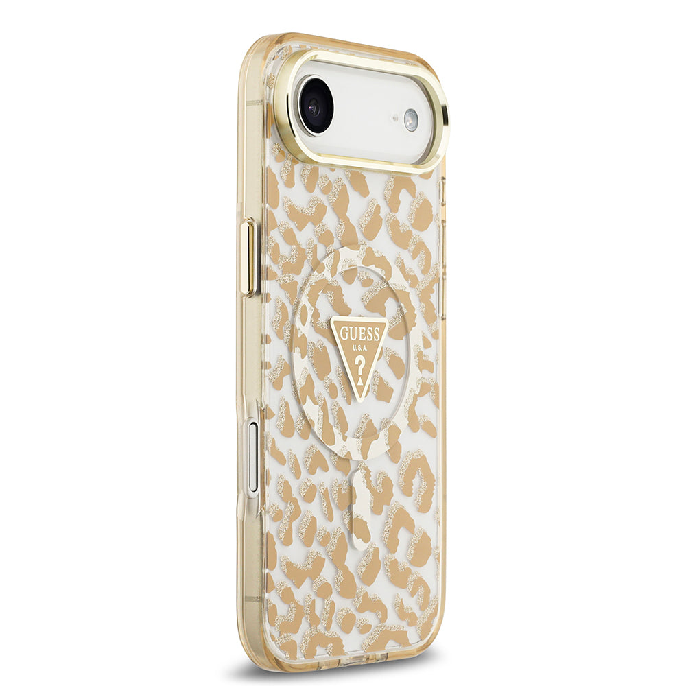 Apple iPhone 17 Air Kılıf Guess M-safe Şarj Özellikli Üçgen Logolu Simli Leopar Desenli Kapak Kahverengi