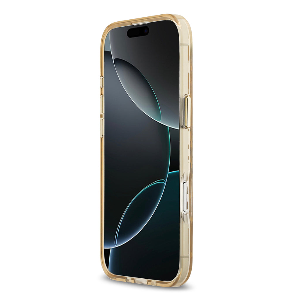 Apple iPhone 17 Air Kılıf Guess M-safe Şarj Özellikli Üçgen Logolu Simli Leopar Desenli Kapak Kahverengi