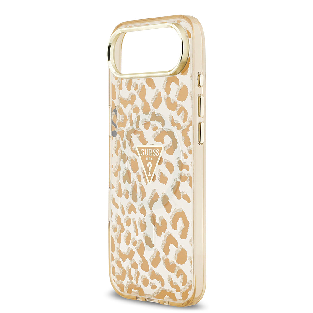 Apple iPhone 17 Air Kılıf Guess M-safe Şarj Özellikli Üçgen Logolu Simli Leopar Desenli Kapak Kahverengi