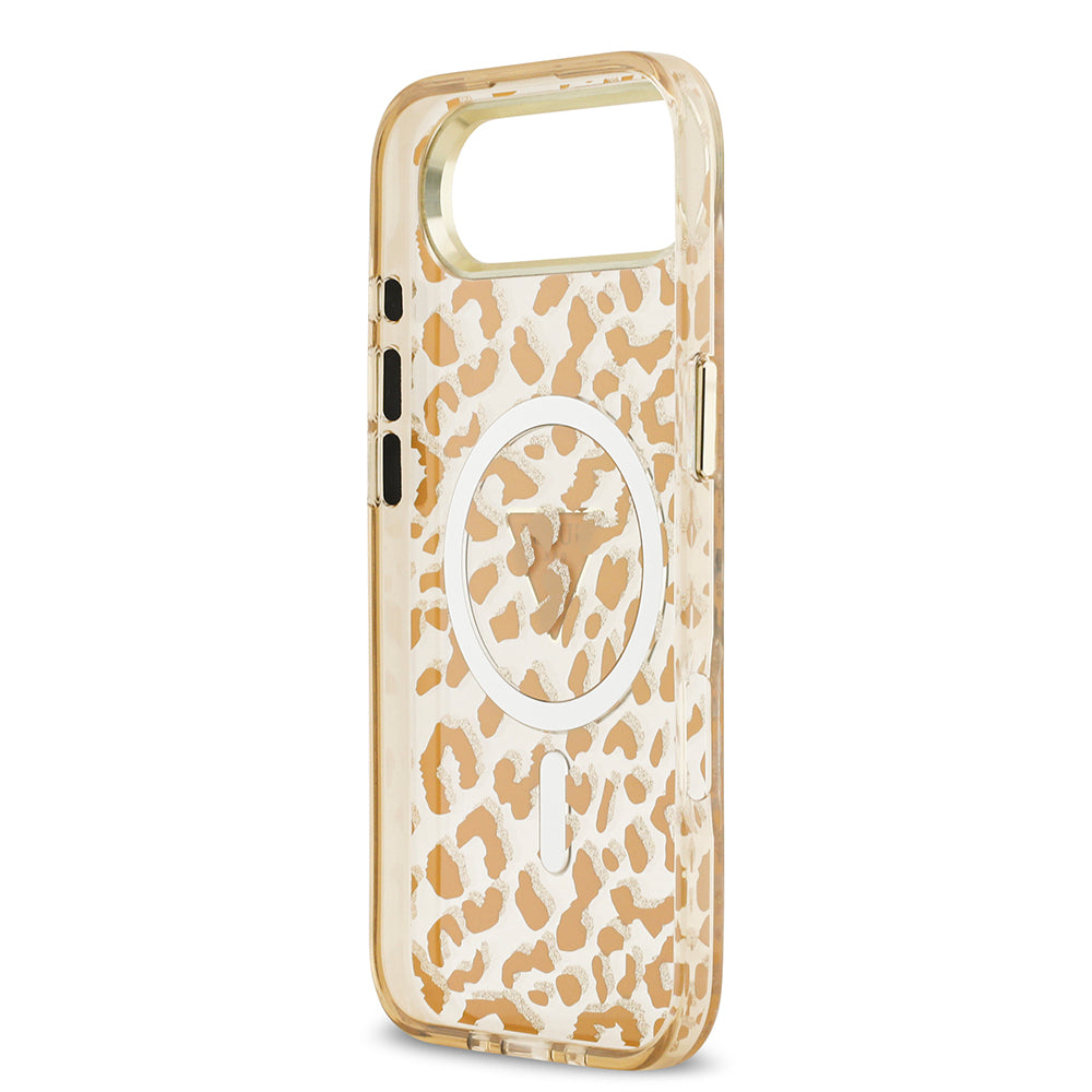 Apple iPhone 17 Air Kılıf Guess M-safe Şarj Özellikli Üçgen Logolu Simli Leopar Desenli Kapak Kahverengi
