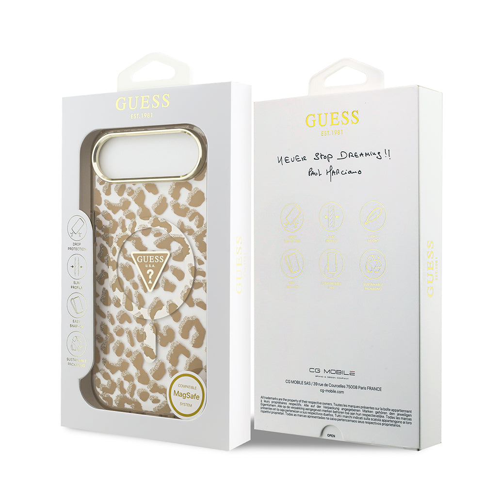 Apple iPhone 17 Air Kılıf Guess M-safe Şarj Özellikli Üçgen Logolu Simli Leopar Desenli Kapak Kahverengi