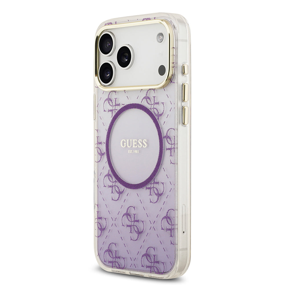 Apple iPhone 17 Pro Max Kılıf Guess M-safe Şarj Özellikli 4G Desenli Simli Transparan Kapak Mor