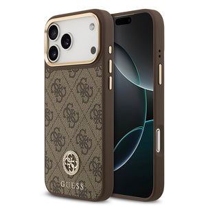 Apple iPhone 17 Pro Max Kılıf Guess M-safe Şarj Özellikli Gold Metal Kamera Çerçeveli Taşlı 4G Logolu Kapak Kahverengi