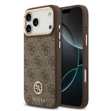 Apple iPhone 17 Pro Max Kılıf Guess M-safe Şarj Özellikli Gold Metal Kamera Çerçeveli Taşlı 4G Logolu Kapak Kahverengi
