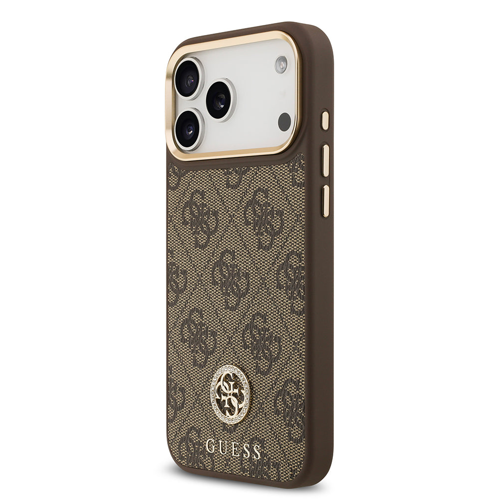 Apple iPhone 17 Pro Max Kılıf Guess M-safe Şarj Özellikli Gold Metal Kamera Çerçeveli Taşlı 4G Logolu Kapak Kahverengi