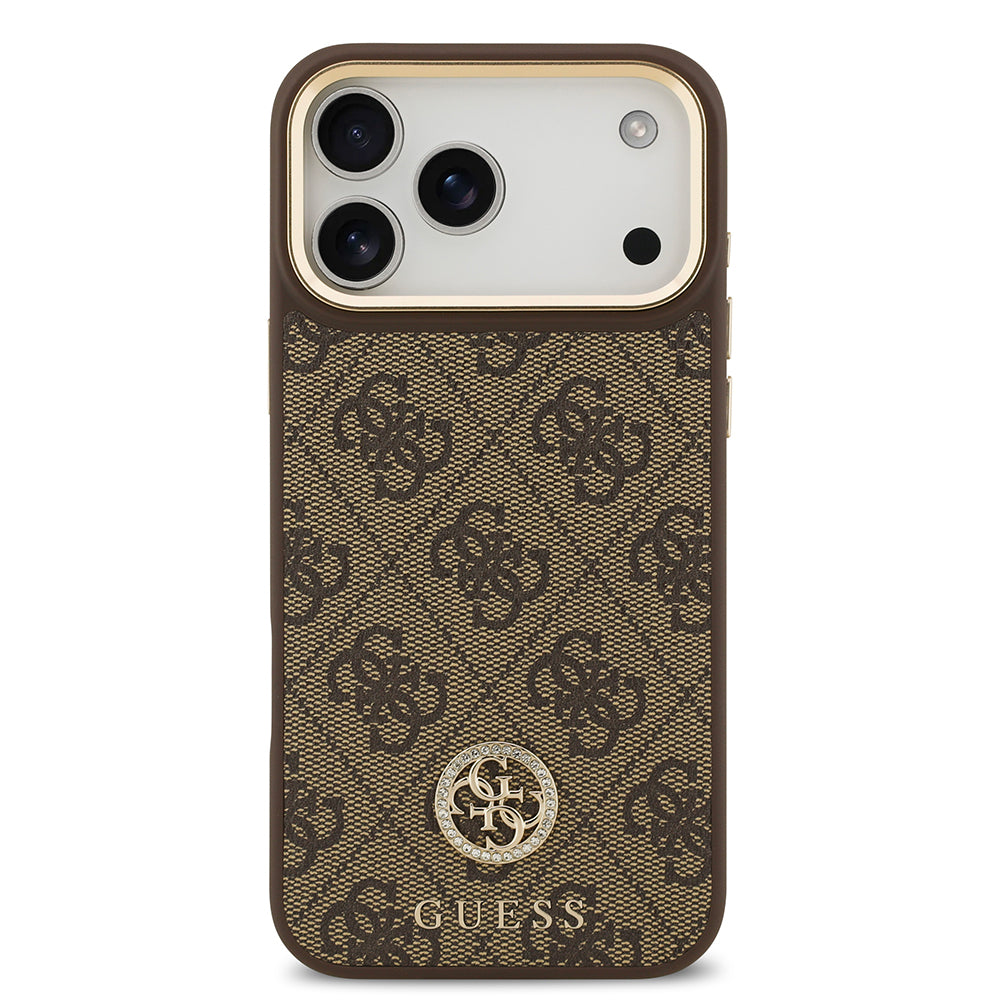 Apple iPhone 17 Pro Max Kılıf Guess M-safe Şarj Özellikli Gold Metal Kamera Çerçeveli Taşlı 4G Logolu Kapak Kahverengi