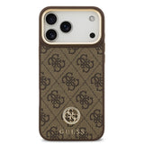 Apple iPhone 17 Pro Max Kılıf Guess M-safe Şarj Özellikli Gold Metal Kamera Çerçeveli Taşlı 4G Logolu Kapak Kahverengi