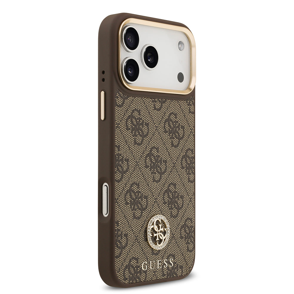 Apple iPhone 17 Pro Max Kılıf Guess M-safe Şarj Özellikli Gold Metal Kamera Çerçeveli Taşlı 4G Logolu Kapak Kahverengi