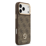 Apple iPhone 17 Pro Max Kılıf Guess M-safe Şarj Özellikli Gold Metal Kamera Çerçeveli Taşlı 4G Logolu Kapak Kahverengi