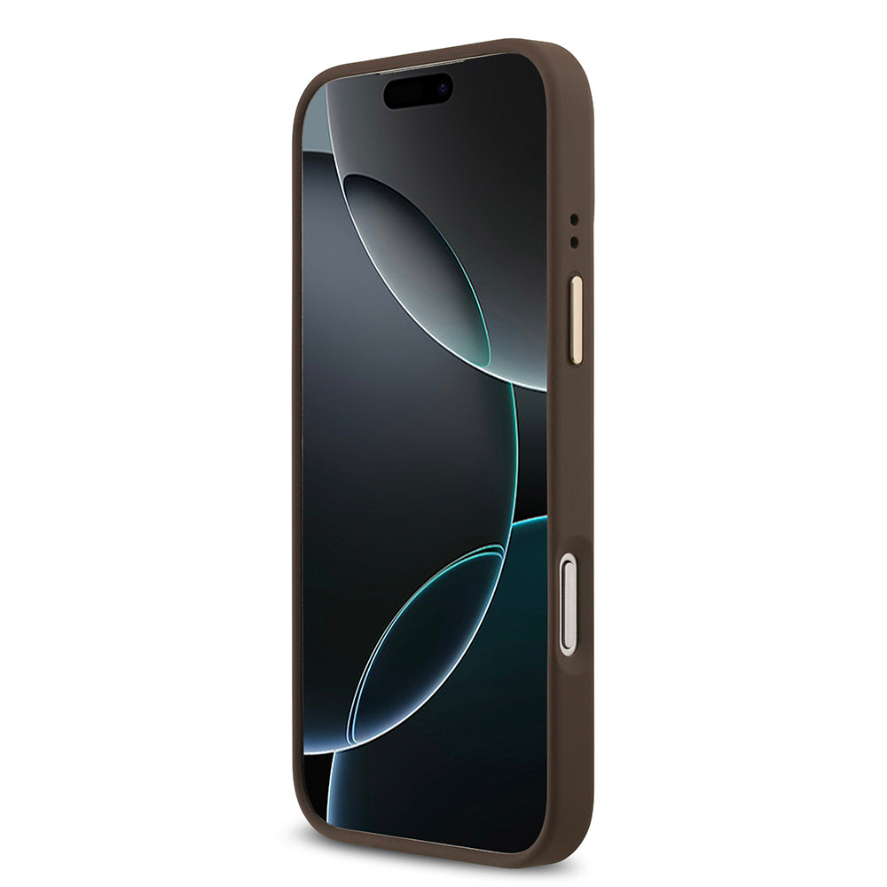 Apple iPhone 17 Pro Max Kılıf Guess M-safe Şarj Özellikli Gold Metal Kamera Çerçeveli Taşlı 4G Logolu Kapak Kahverengi