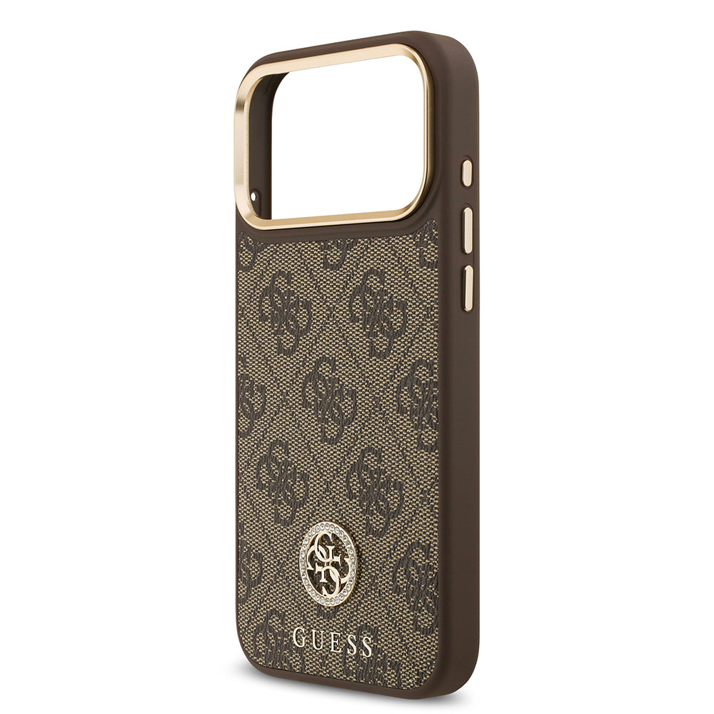 Apple iPhone 17 Pro Max Kılıf Guess M-safe Şarj Özellikli Gold Metal Kamera Çerçeveli Taşlı 4G Logolu Kapak Kahverengi