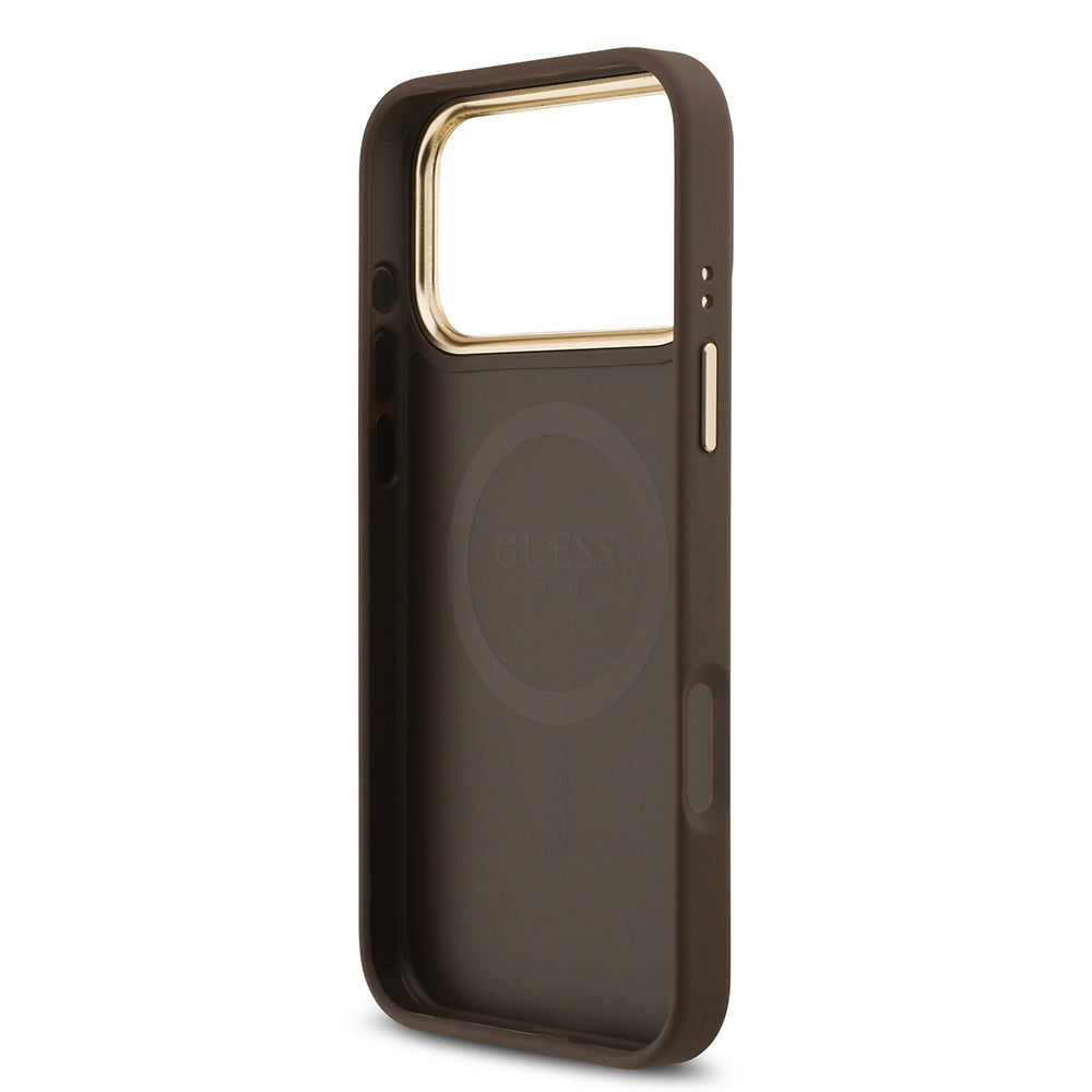 Apple iPhone 17 Pro Max Kılıf Guess M-safe Şarj Özellikli Gold Metal Kamera Çerçeveli Taşlı 4G Logolu Kapak Kahverengi