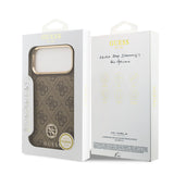 Apple iPhone 17 Pro Max Kılıf Guess M-safe Şarj Özellikli Gold Metal Kamera Çerçeveli Taşlı 4G Logolu Kapak Kahverengi