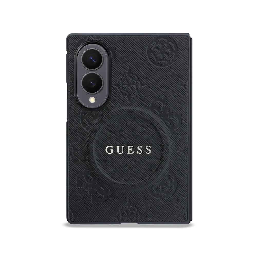 Galaxy Z Fold 8 Kılıf Guess Kabartma M-safe Uyumlu Peony Sıcak Baskılı Klasik Yazı Logolu Saffiano Kapak Siyah