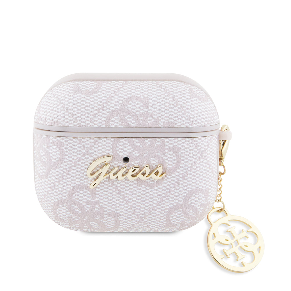 Apple Airpods 3.Nesil Kılıf Guess Metal Script Logolu 4G Charm PU Deri Kapak Pembe
