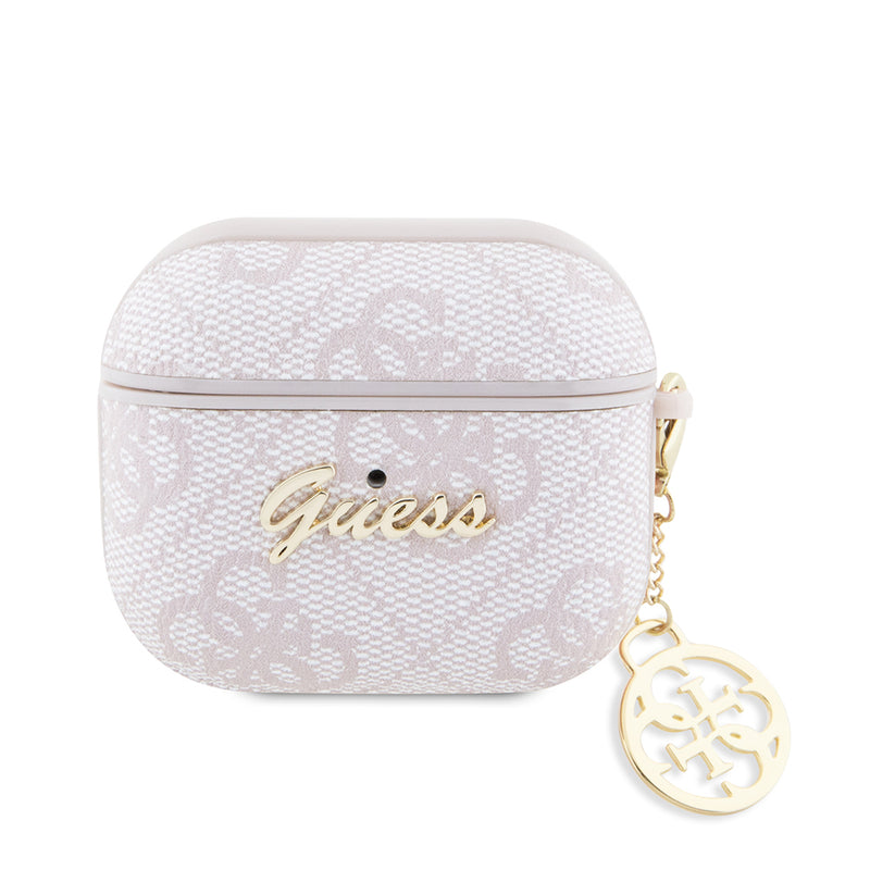 Apple Airpods 3.Nesil Kılıf Guess Metal Script Logolu 4G Charm PU Deri Kapak Pembe