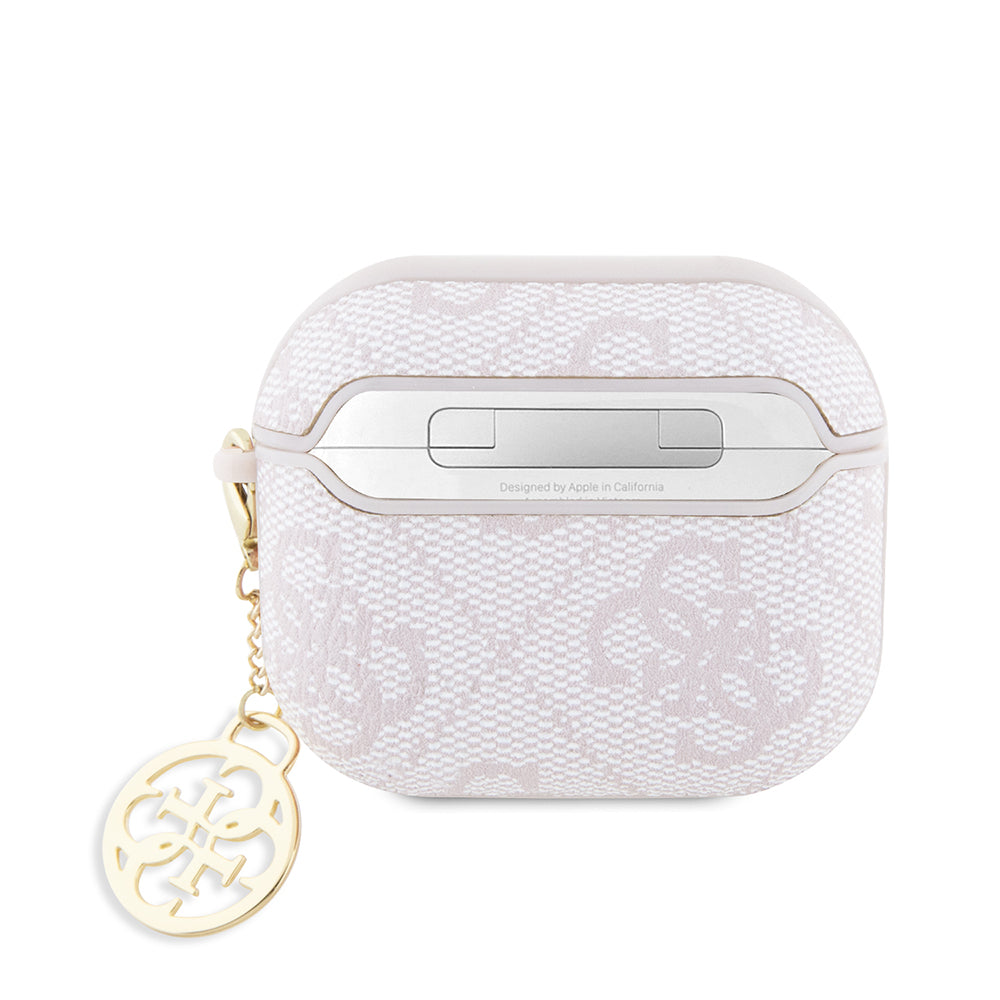 Apple Airpods 3.Nesil Kılıf Guess Metal Script Logolu 4G Charm PU Deri Kapak Pembe