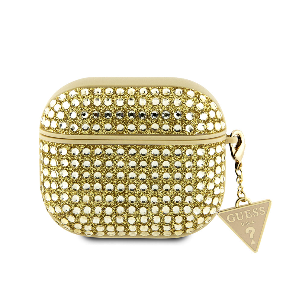 Apple Airpods 3.Nesil Kılıf Guess Taş Kaplamalı Üçgen Logolu Kapak Gold