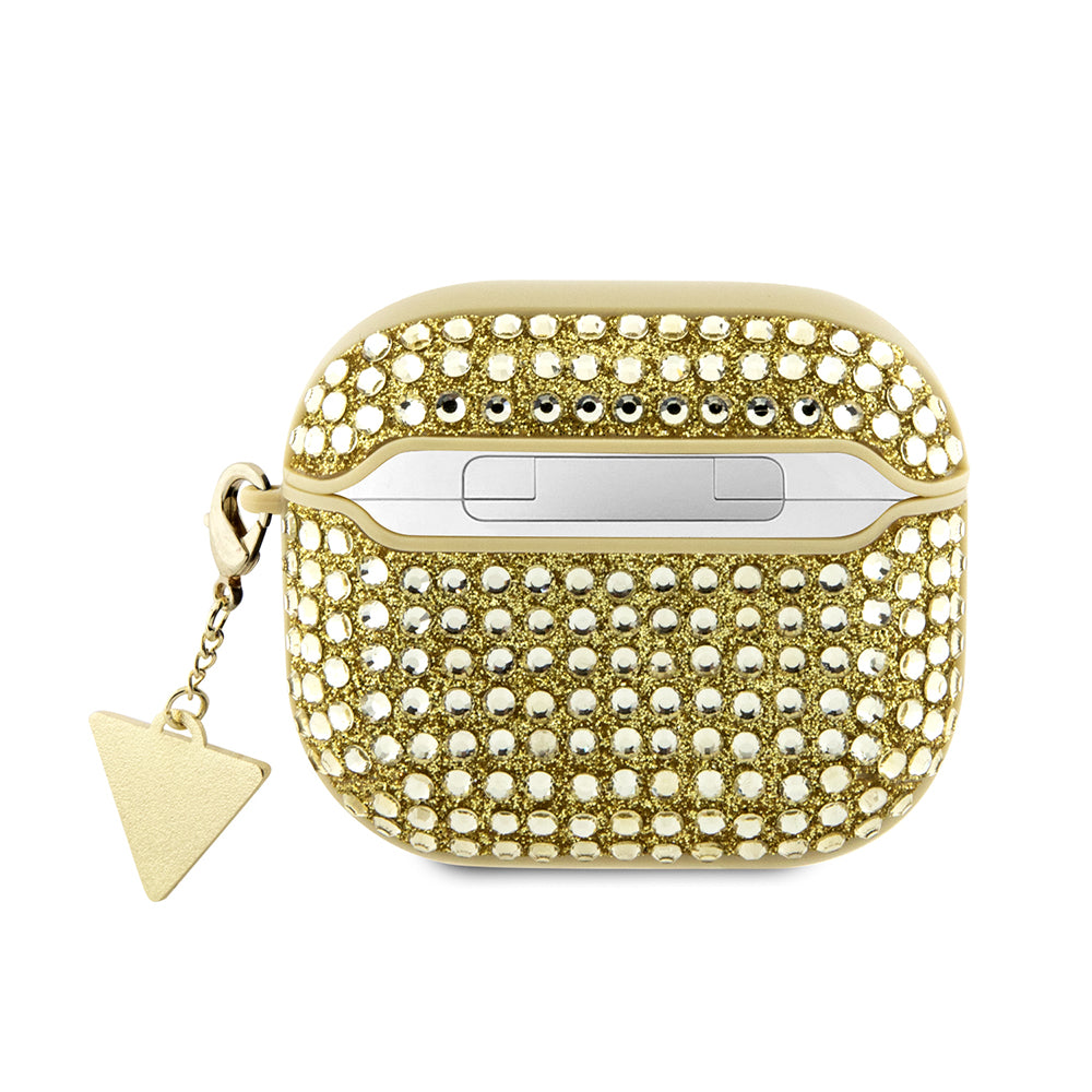 Apple Airpods 3.Nesil Kılıf Guess Taş Kaplamalı Üçgen Logolu Kapak Gold