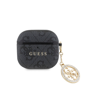 Apple Airpods 4 Kılıf Guess 4G Desenli Taşlı 4G Süs Zincirli Kapak Siyah