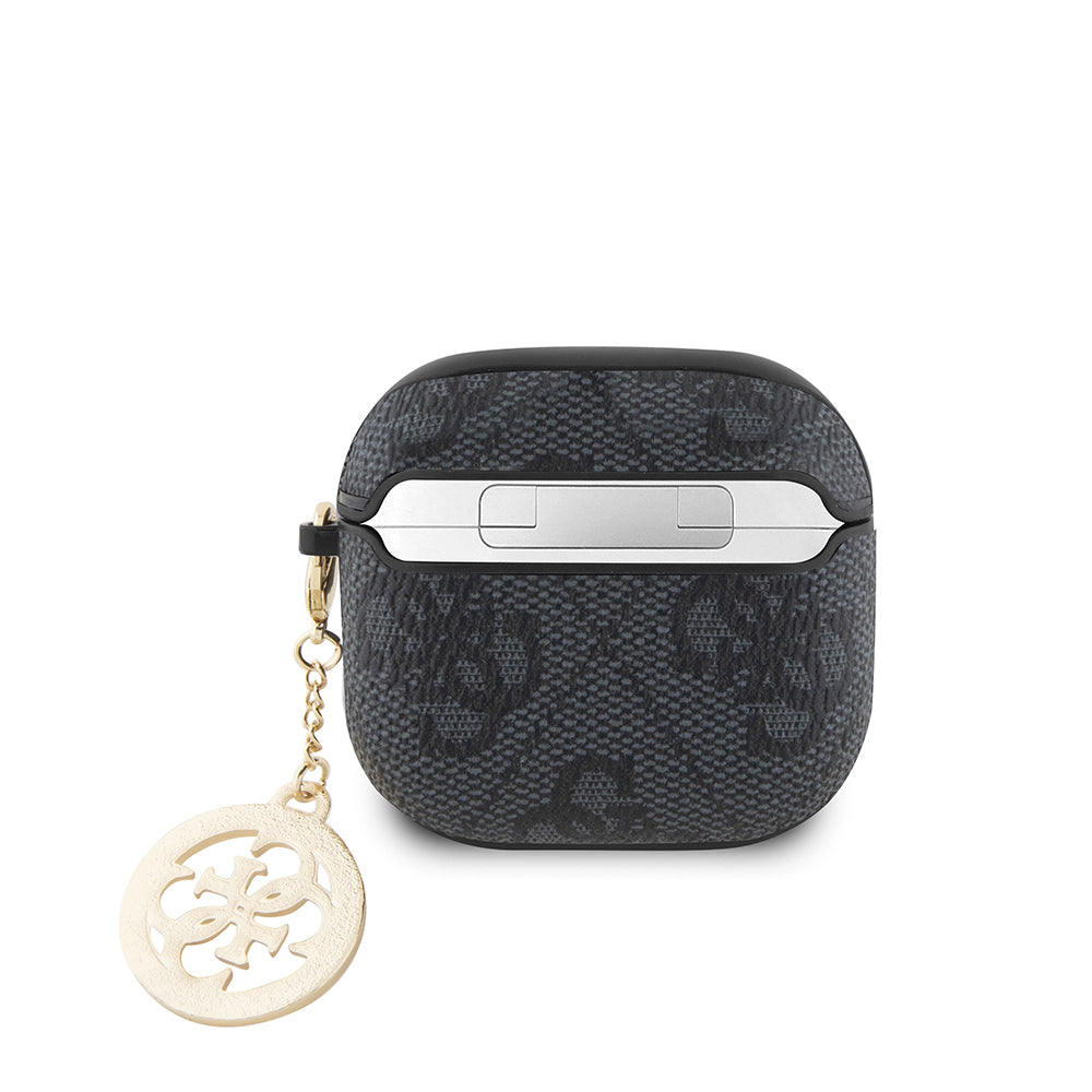Apple Airpods 4 Kılıf Guess 4G Desenli Taşlı 4G Süs Zincirli Kapak Siyah
